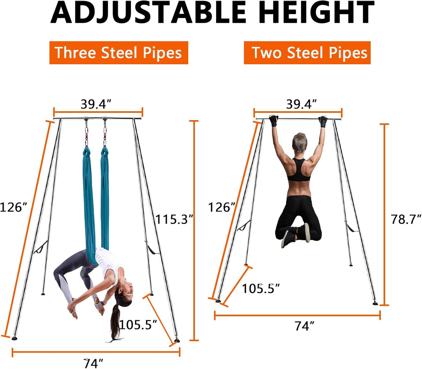 TECSPEC 9.6 FT/115.3 Inch Adjustable Height Aerial Yoga Frame & Hammock, Professional Swing Stand with 18 FT/33FT Aerial Silk, 550lbs Max Capacity