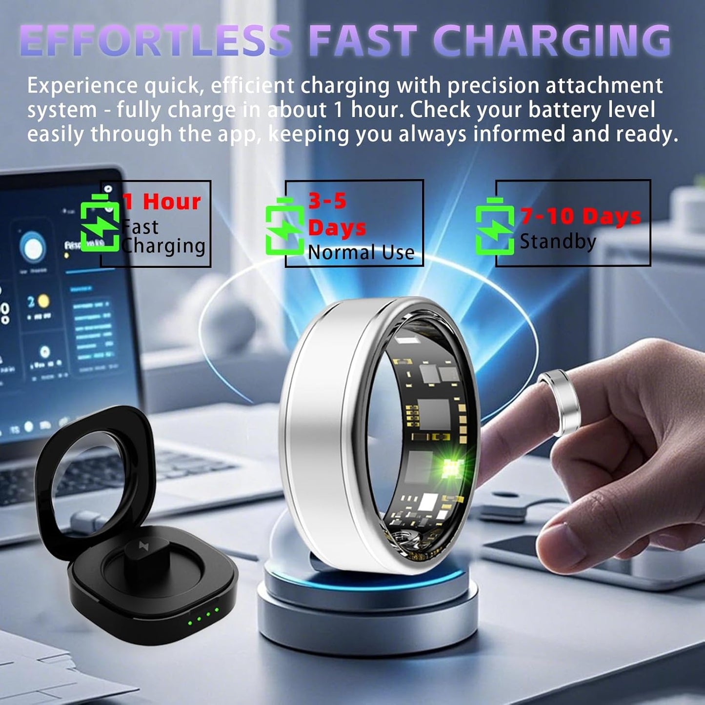 Smart Ring, Activity Fitness Tracker Ring for Women Men, Monitoring of Pedometer, SpO2, Sleep Quality, Heart Rate, No Subscription Fee, for iOS & Android (Silver 8)