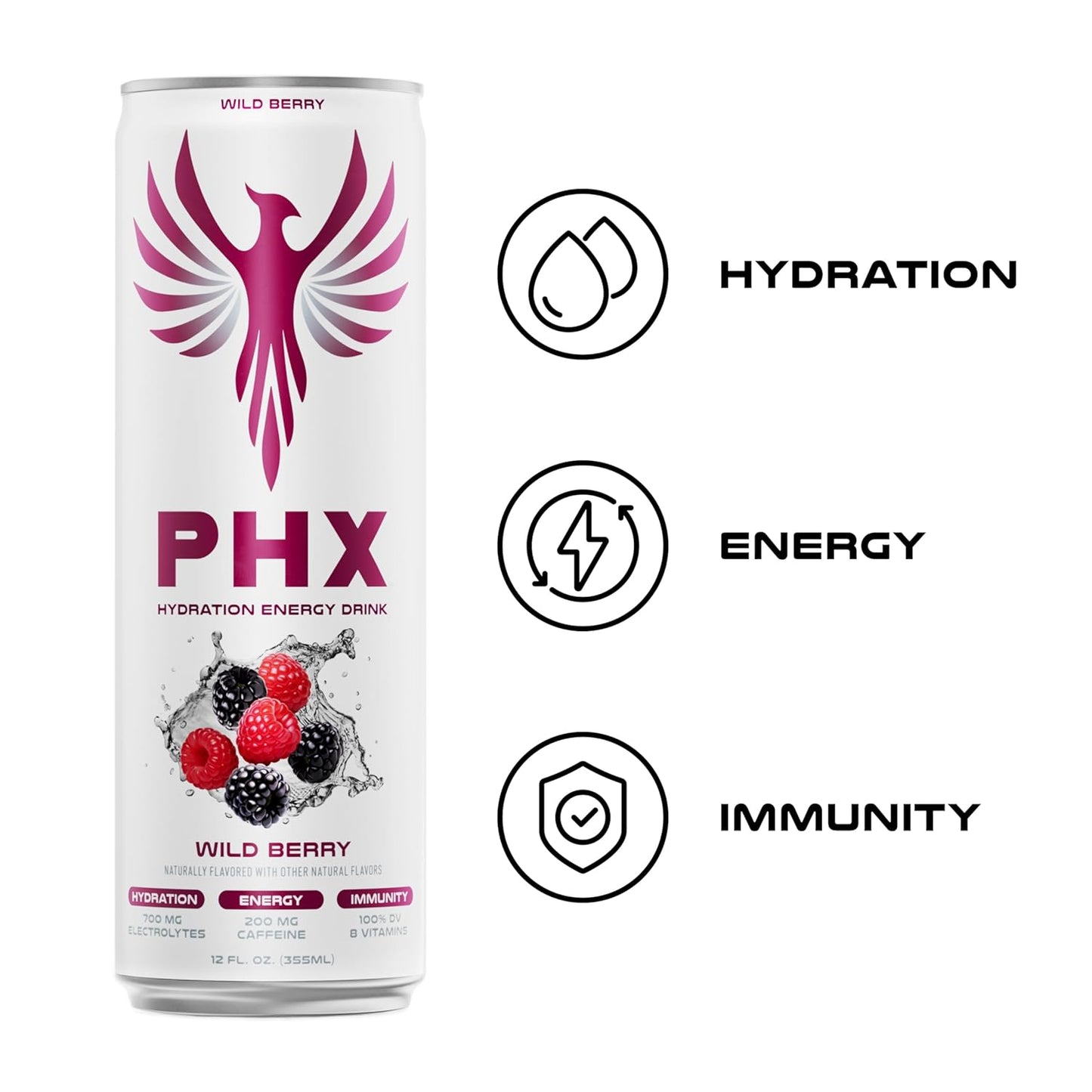 PHX Hydration Energy Drink - 700mg Electrolytes, 200mg Natural Green Tea Caffeine, 100% Daily Value 8 Essential Vitamins - 12 oz Cans (12 Pack) (12 Pack, Wild Berry)