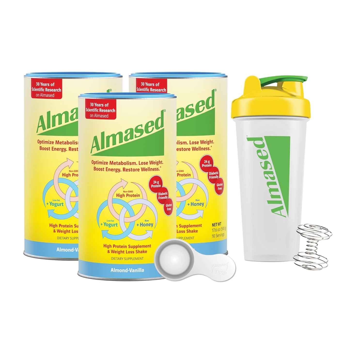 Almased Protein Powder, GLP-1 Nutrition Support Supplement, Meal Replacement Shake for Weight Loss, high protein, complete nutrition (Vanilla Flavor, 3 Cans @ 17.6 oz ea + scoop + 700ml Shaker Bottle
