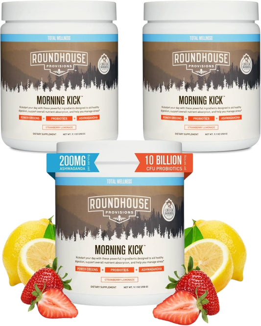 ROUNDHOUSE PROVISION Morning Kick, Zero Sugar Greens Superfood Powder Supplement with Ashwaganda, Collagen, Probiotics, Debloat Drink, (3 Pack, Strawberry Lemonade) by Chuck Norris