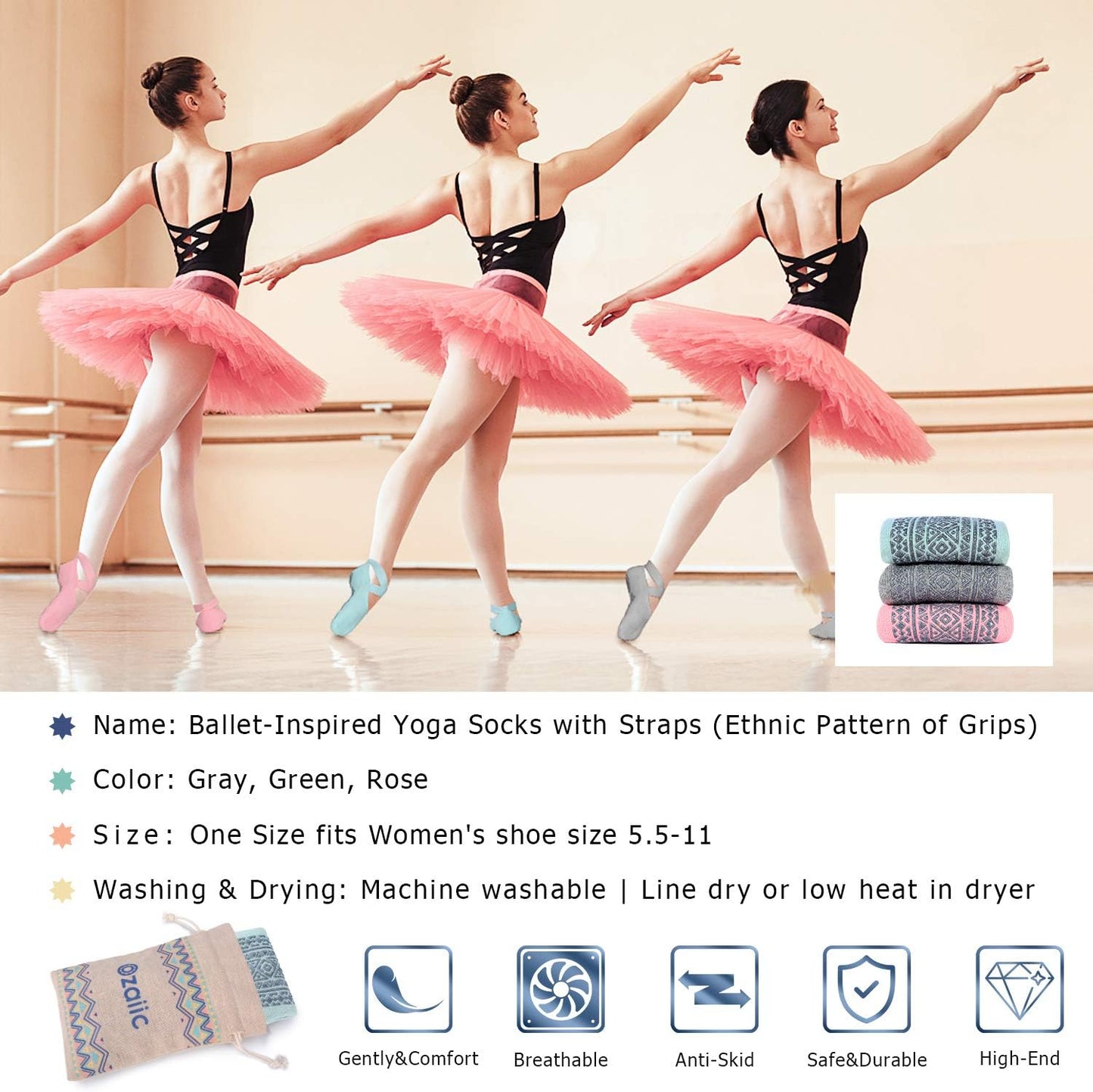 Ozaiic Yoga Socks for Women Non-Slip Grips & Straps, Ideal for Pilates, Pure Barre, Ballet, Dance, Barefoot Workout