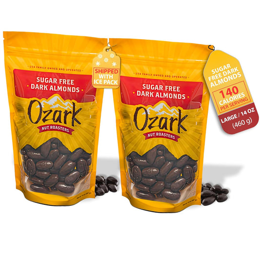 OZARK NUT ROASTERS, Sugar-Free Dark Almonds, Dark Chocolate Flavored Snacks, No Sugar Added, World-Class Gourmet Candied Nuts, Resealable Pack of 2 (14.0 oz)