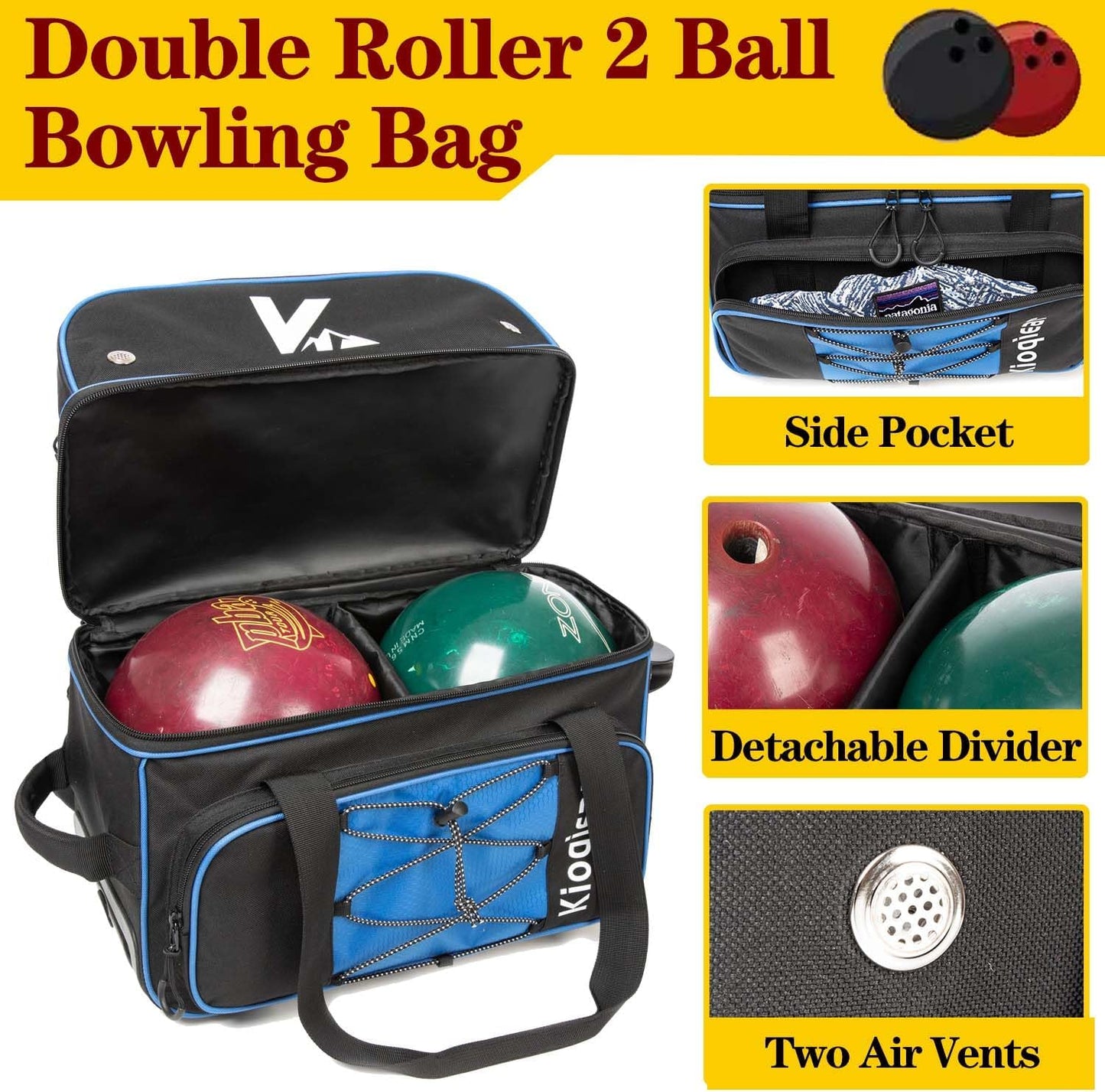 Double Roller 2 Ball Bowling Bag with Large Separate Shoe Compartment and Oversized Accessory Pocket, 36" Extendable Handle.