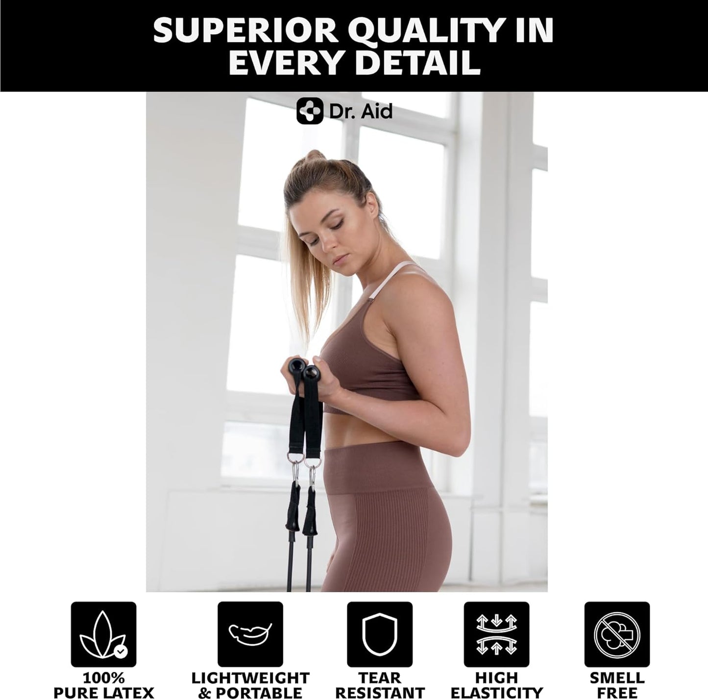 Dr. Aid Resistance Bands Set – 5 Stackable Workout Bands with Handles, Pure Latex, High Elasticity & Tear Resistant – Smell-Free Full-Body Exercise Bands for Rehab, Basic Training & Strength Workouts