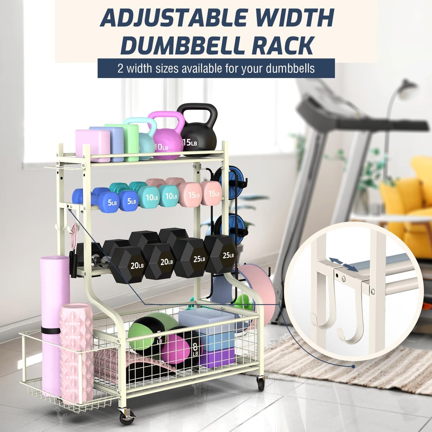 PLKOW Dumbbell Rack, Weight Rack for Dumbbells, Home Gym Storage for Dumbbells Kettlebells Yoga Mat and Balls, All in One Workout Storage with Wheels and Hooks, Powder Coated Finish Steel