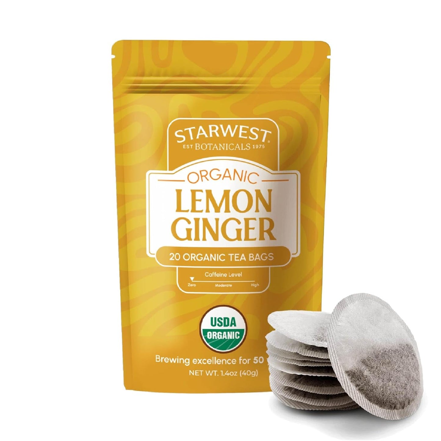 Starwest Botanicals Organic Lemon Ginger Tea - Caffeine Free Herbal Blend for Women & Men, Lemongrass, Ginger Root, & Peppermint Leaf, String Free Sachets, Non GMO - 20 Tea Bags
