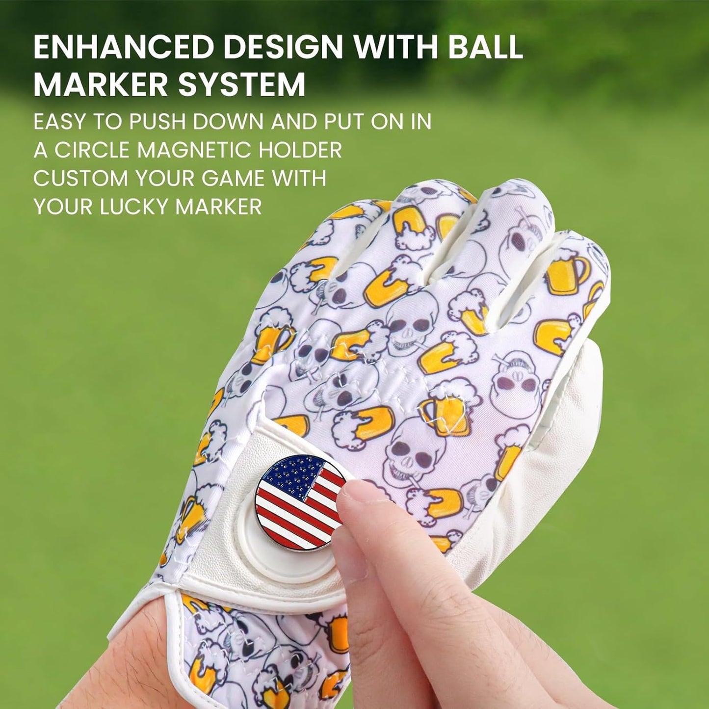 FINGER TEN Golf Gloves Men Left Hand Right with Ball Marker USA Flag Blue Camo Plaid Pack, Mens Leather Golf Glove All Weather Grip Small Medium ML Large XL