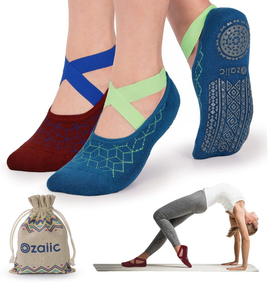 Ozaiic Yoga Socks for Women Non-Slip Grips & Straps, Ideal for Pilates, Pure Barre, Ballet, Dance, Barefoot Workout