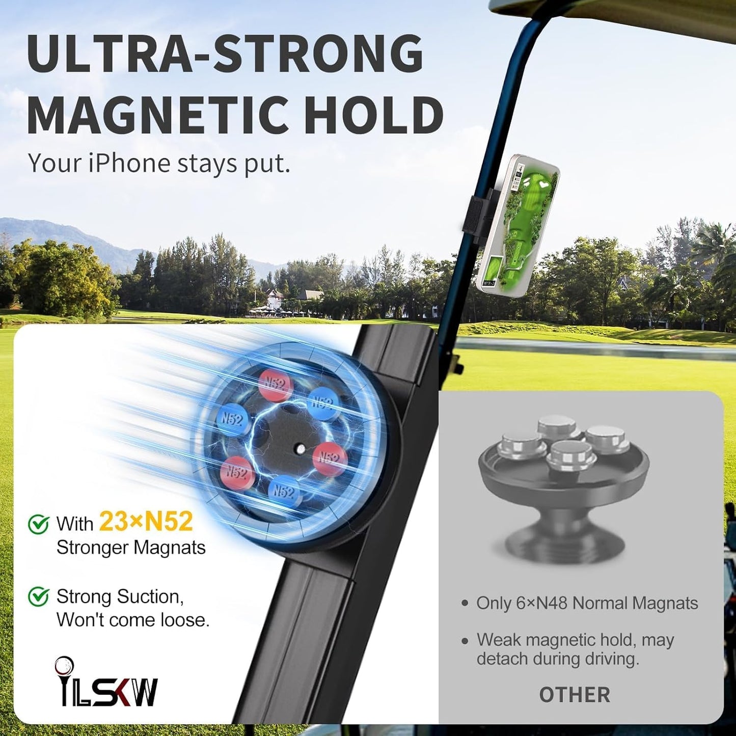 Magnetic Golf Cart Phone Holder Work with Magsafe iPhone 16-12 Series and All Phones, Fits Yamaha, EZGO, Club Car Golf Cart, Alloy Strong Magnetic Phone Mount for Gym, Kitchen, with Metal Plate