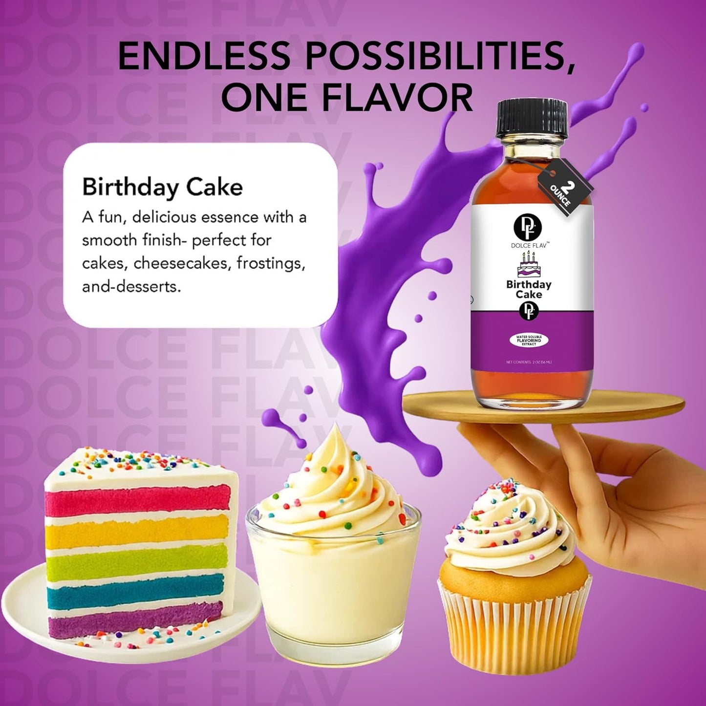 Dolce Flav Birthday Cake Extract – 2 Ounce Water-Soluble Kosher, Sugar-Free, Concentrated Festive Cake Flavoring for Frostings, Cupcakes & Desserts, Includes Measured Dropper