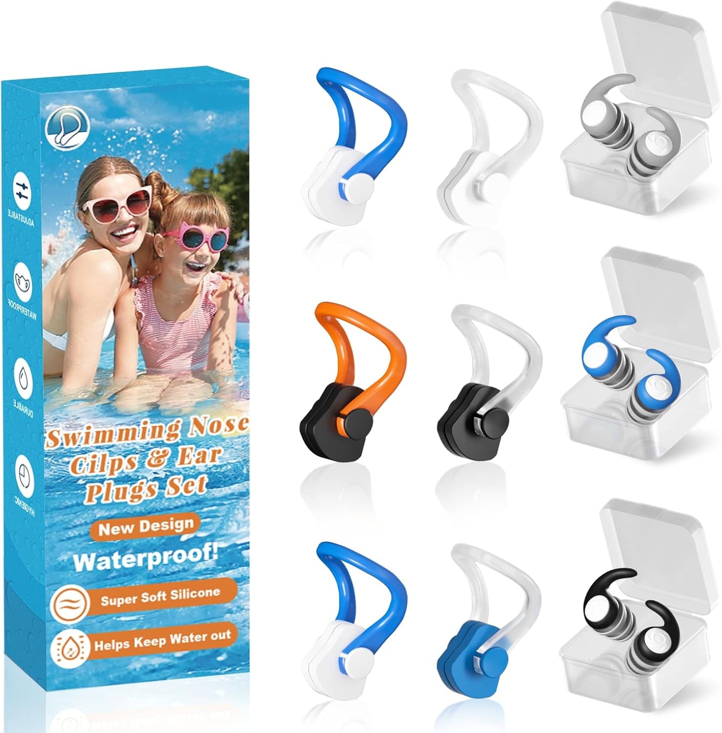 Swimming Nose Clip Ear Plugs - 9 Packs Silicone Swim Nose Plugs with Earplugs for Adult,Waterproof Pool Nose Plug for Diving Surfing and Other Water Sports with Storage Box,Multi-Color