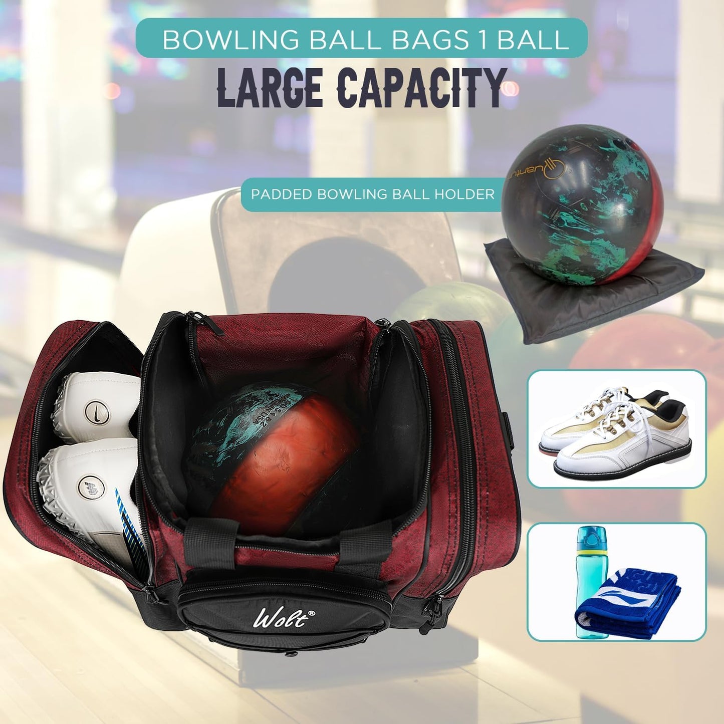 WOLT Bowling Ball Bag for Single Ball - Bowling Ball Tote Bag with Padded Ball Holder, 2 Pockets fit Bowling Shoes Up to Mens Size 14 and Accessories
