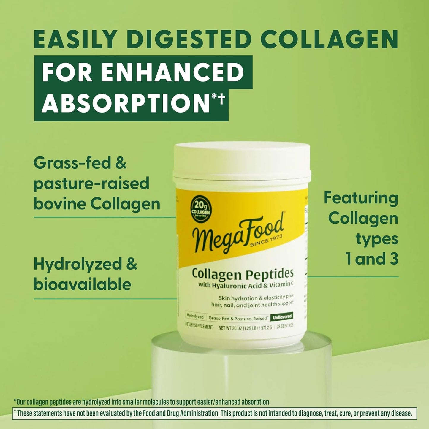 MegaFood Collagen Peptides for Women & Men - Unflavored Collagen Powder with Hyaluronic Acid & Vitamin C - Supports Skin Hair Nails & Joint Health - 20g Grass Fed Bovine Collagen - 20oz, 28 Servings