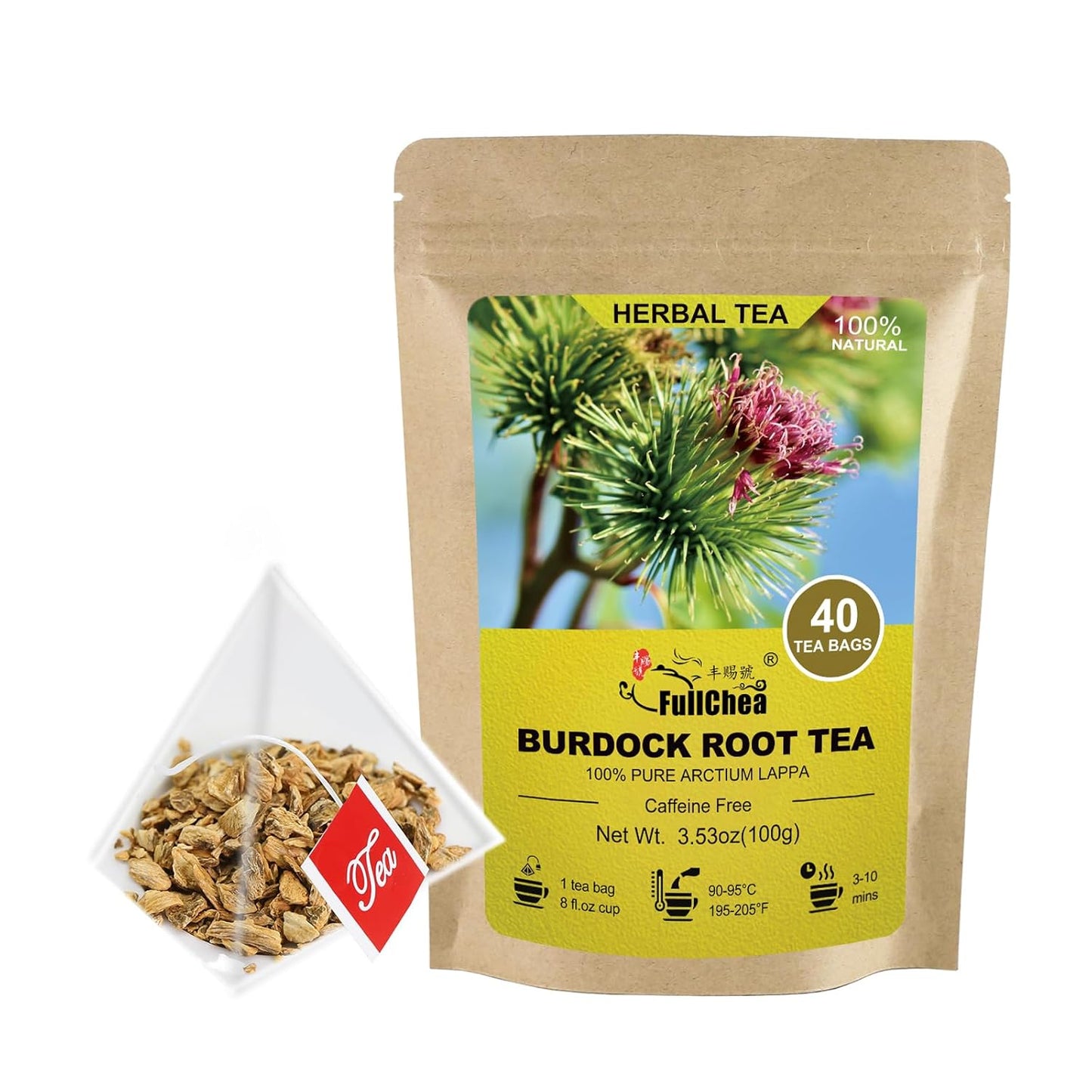 FullChea - Burdock Root Tea Bags, 40 Teabags, 2.5g/bag - Premium Burdock Root - Non-GMO - Naturally Caffeine-free Herbal Tea - Aid in Digestion & Improving Liver Health