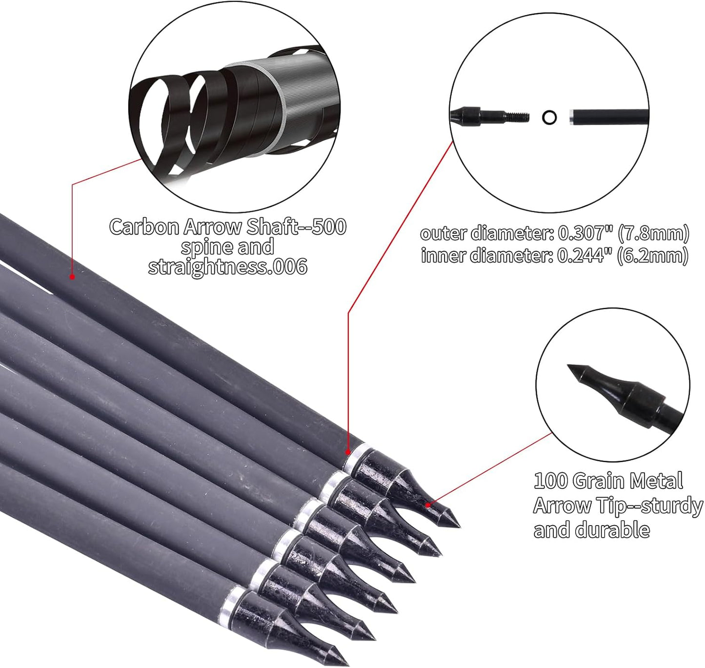 SOPOGER Archery Arrows for Compound Bow and Arrow Quiver Holder Tube, 31 Inch Arrows Practice Arrows for Recurve Bow 12 Packs, 500 Spine Hunting Arrows Carbon Fiber Target Arrow Accessories