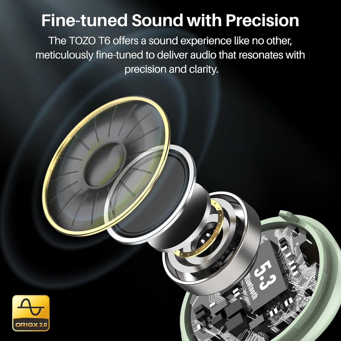 TOZO T6 Wireless Earbuds, IPX8 Waterproof Ear Buds, Stereo Bass Sound Bluetooth 5.3 Headphones in Ear, 50 Hours Playtime Earphones, Wireless Charging Case, Custom 32 EQ via APP