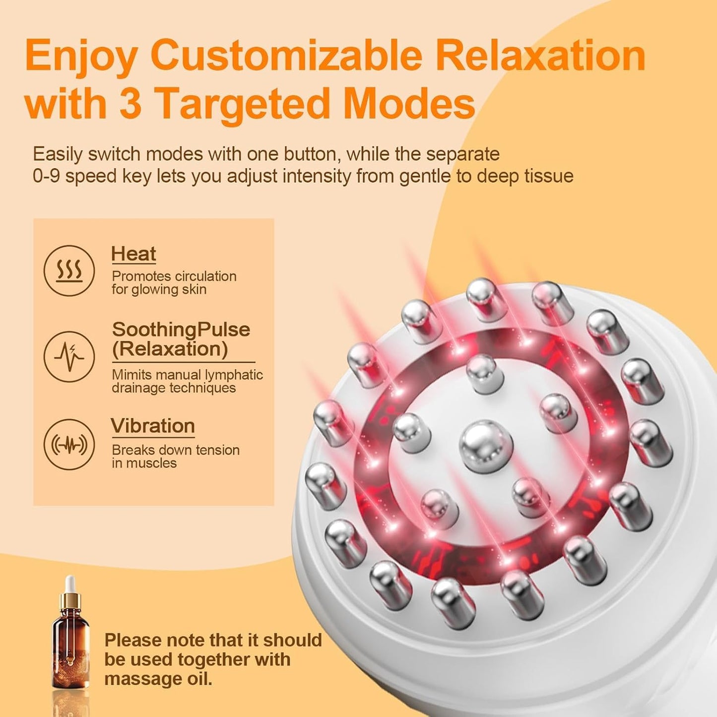 3-in-1 Handheld Lymphatic Drainage Massager with Red Light, Heat & Vibration - Cordless Anti Cellulite Massage Tool for Body Relaxation, 3 Modes & 9 Speeds for Belly, Legs, Thighs