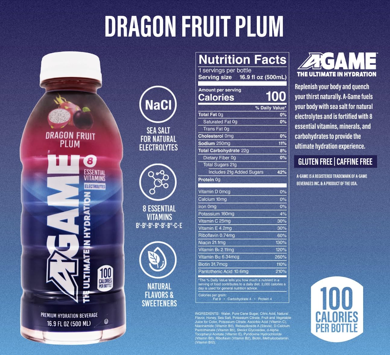 A-GAME Sports Drink, Dragon Fruit Plum, The Ultimate Hydration Sports Beverage for Athletes, 8 Essential Vitamins including B, C, & E plus Natural Sea Salt Electrolytes, All Natural Flavors & Sweeteners, Gluten Free, 16.9 Fl Oz (Pack of 12)