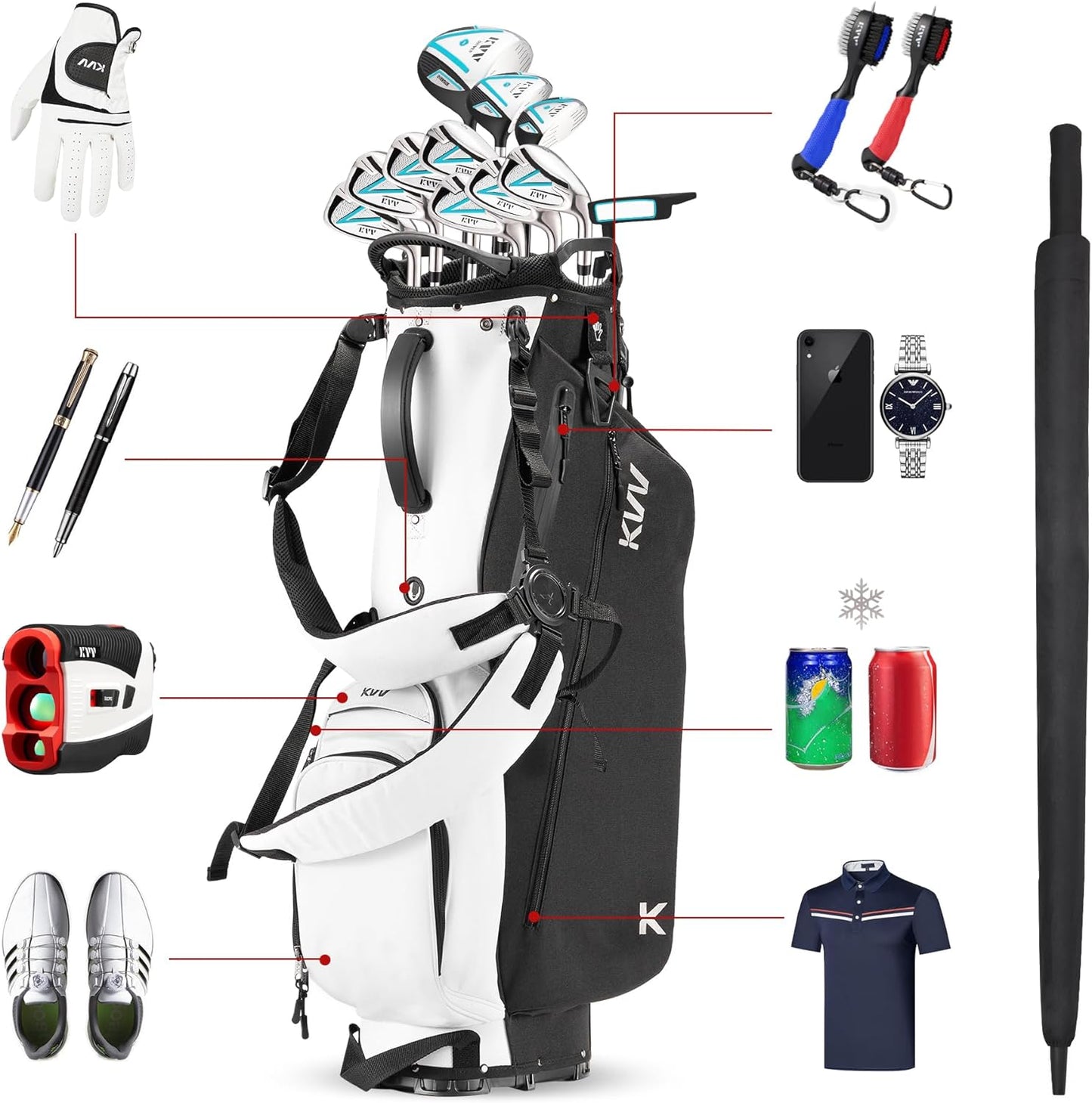 KVV Lightweight Golf Stand Bag with 7 Way Full-Length Dividers, 5 Zippered Pockets, Automatically Adjustable Dual Straps，Elegant Design