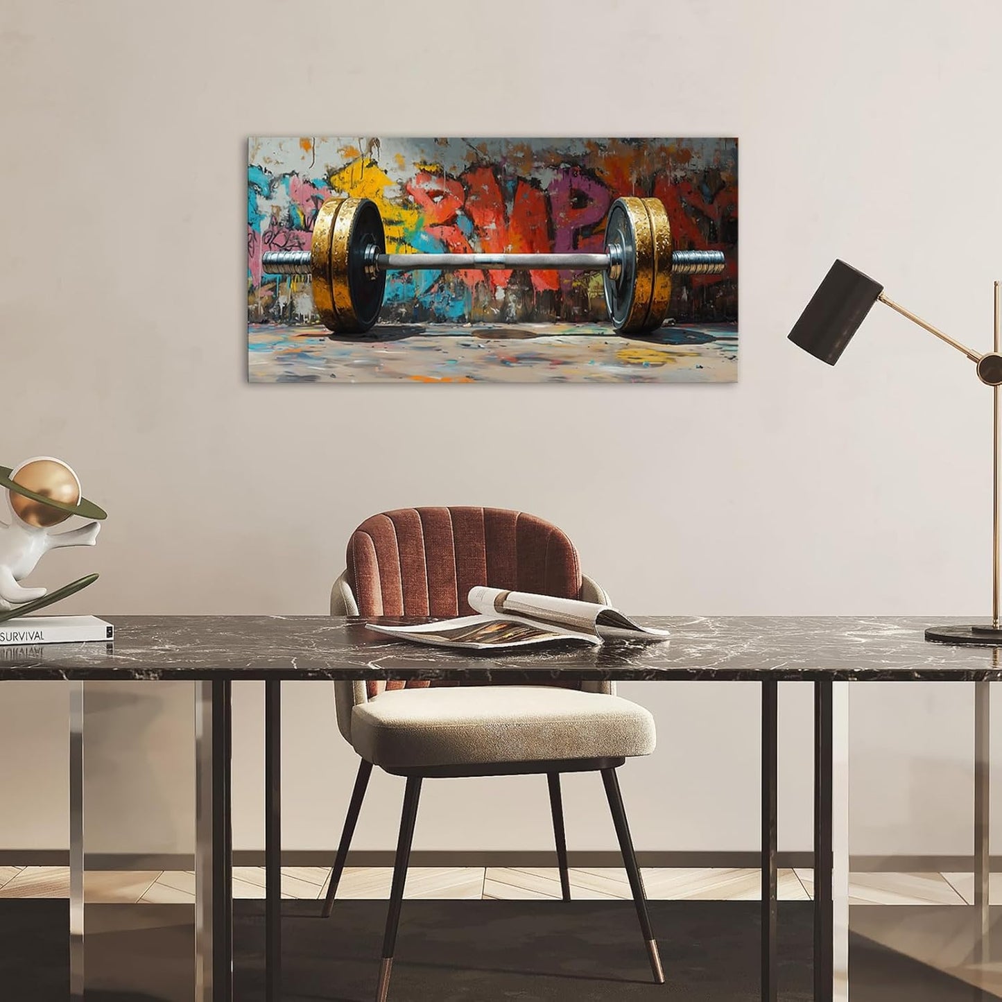 VANSEEING Graffiti Gym Wall Art Canvas Prints Barbell Weightlifting Fitness Picture Sport Motivational Artwork Oil Painting Wall decor for Workout Bedroom Fitness Boys Room 40x20 inch