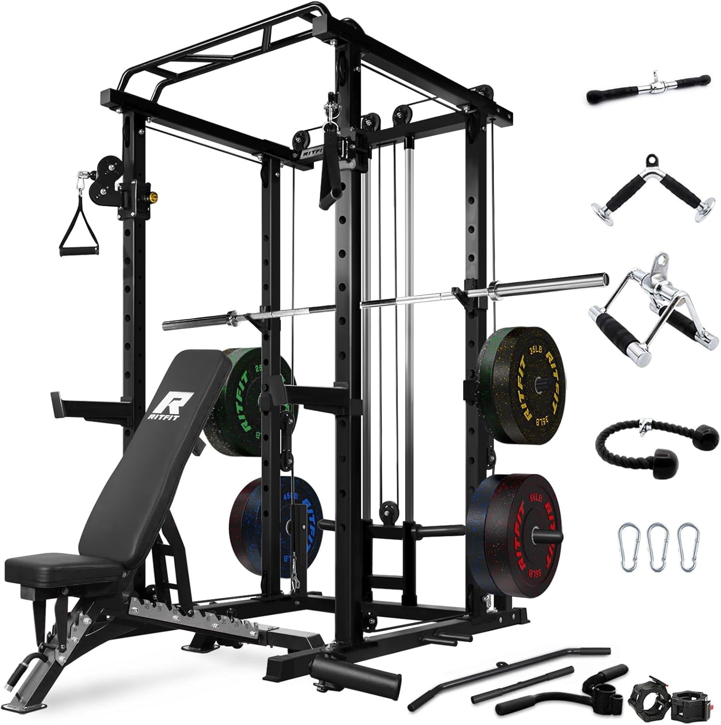 RitFit Power Cage with Optional LAT PullDown/Cable Crossover, 1000LB Squat Rack for Home & Garage Gym, with Weight Storage Rack and More Training Attachments, ASTM-Certified