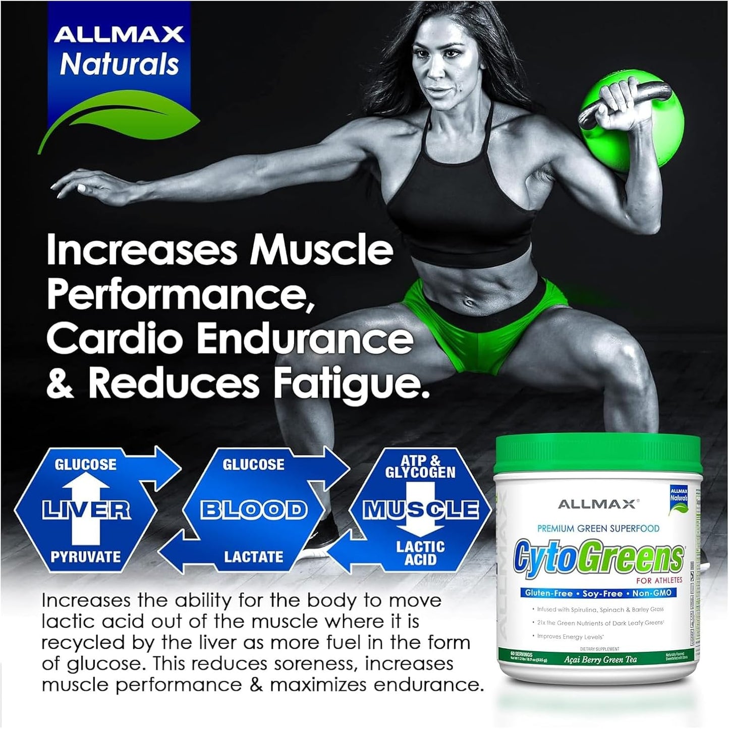 ALLMAX Nutrition - Cytogreens Super Greens Powder, Infused with Spirulina, Spinach & Barley Grass, Supports Immune & Digestive Health, Gluten Free & Vegan, 60 Servings (Acai Berry Green Tea)