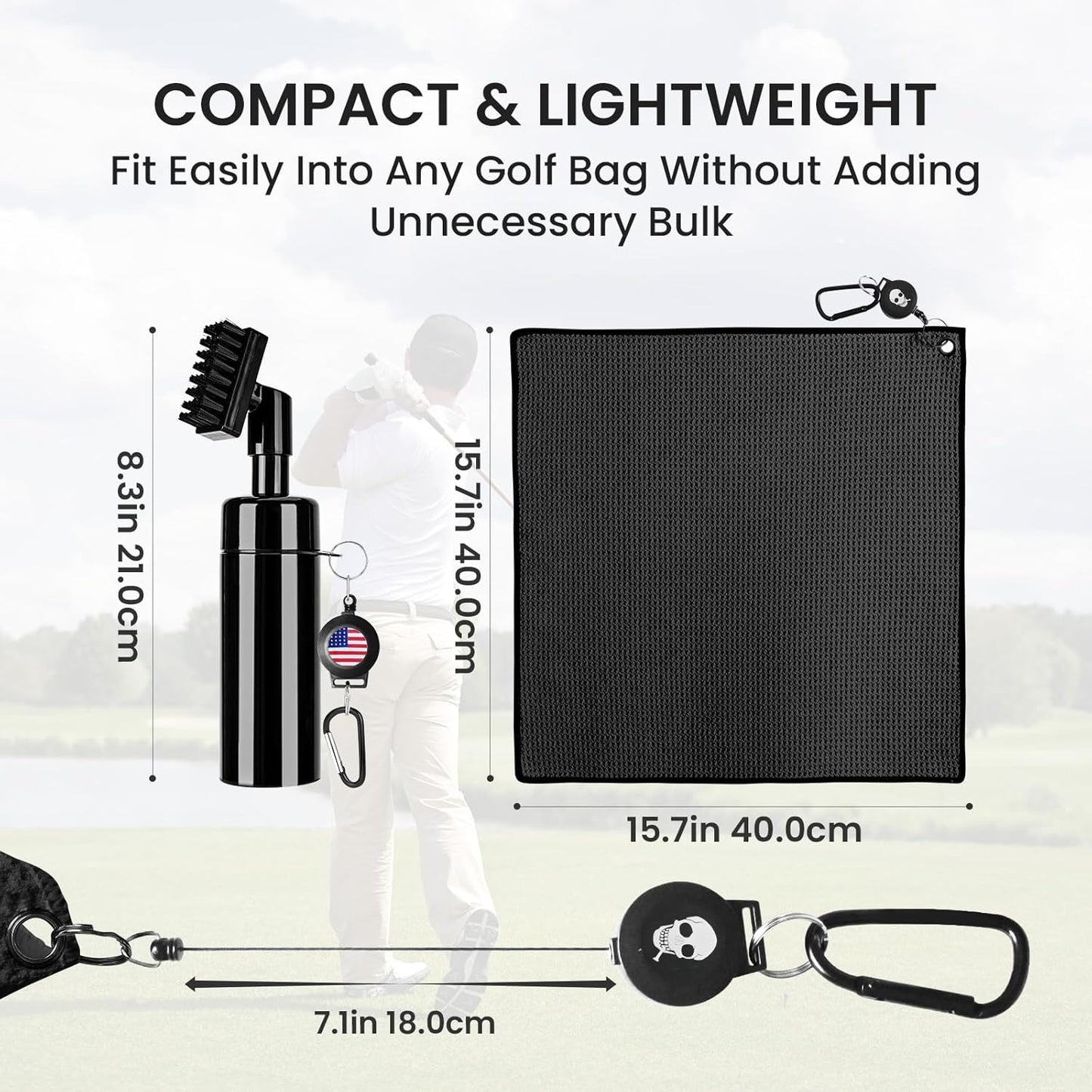 Golf Club Clean Brush Towel Value Set with Strong Magnetic Retractable Carabiner, Squeeze Water Bottle Microfiber Absorbent Towel for Golf Bags Accessory Iron Care Men Women