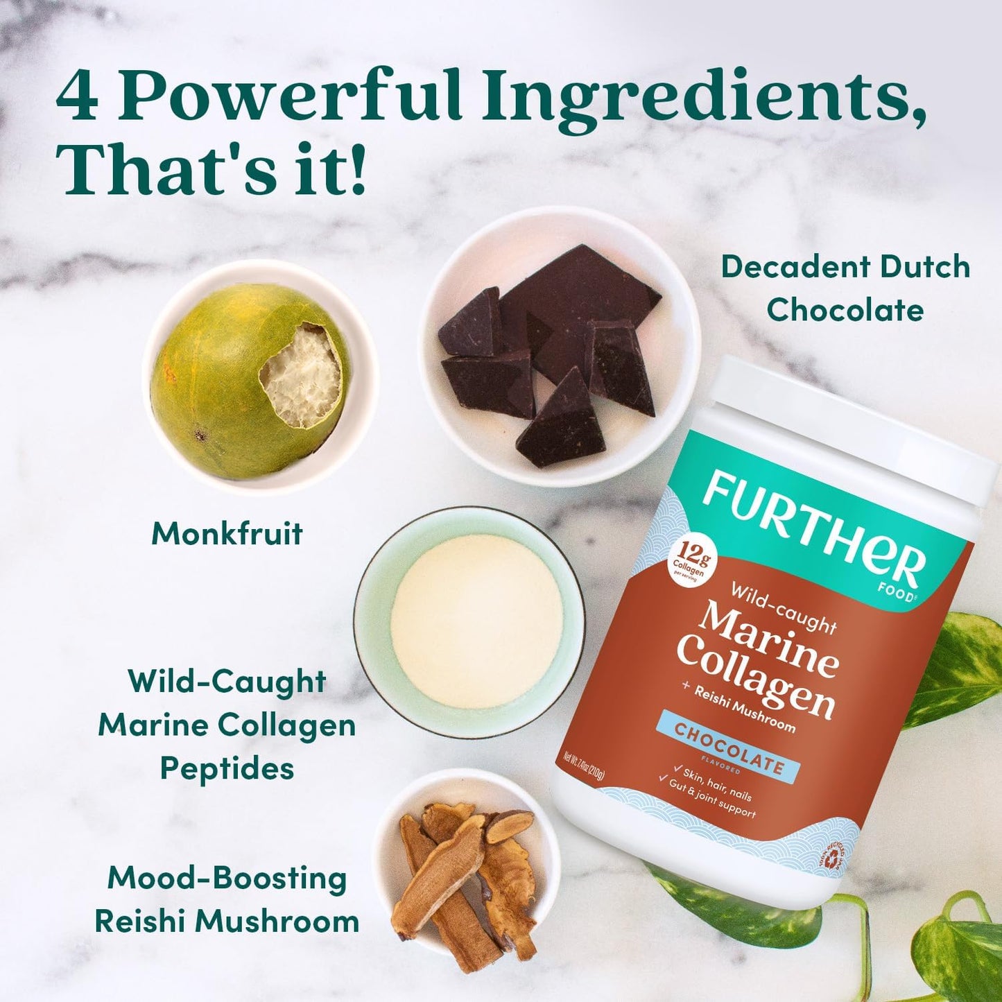 Further Food Chocolate Marine Collagen Peptides Powder, Wild Caught, Sustainable, Type 1, 2 & 3 Collagen, Gut + Joint Support, Hair, Skin, Nails, Sugar-Free 7.41 oz