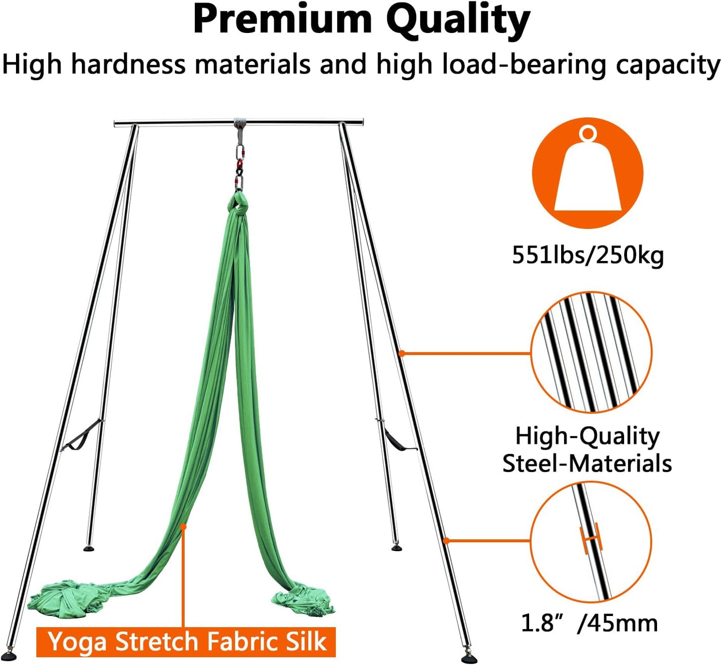 TECSPEC 9.6 FT/115.3 Inch Adjustable Height Aerial Yoga Frame & Hammock, Professional Swing Stand with 18 FT/33FT Aerial Silk, 550lbs Max Capacity