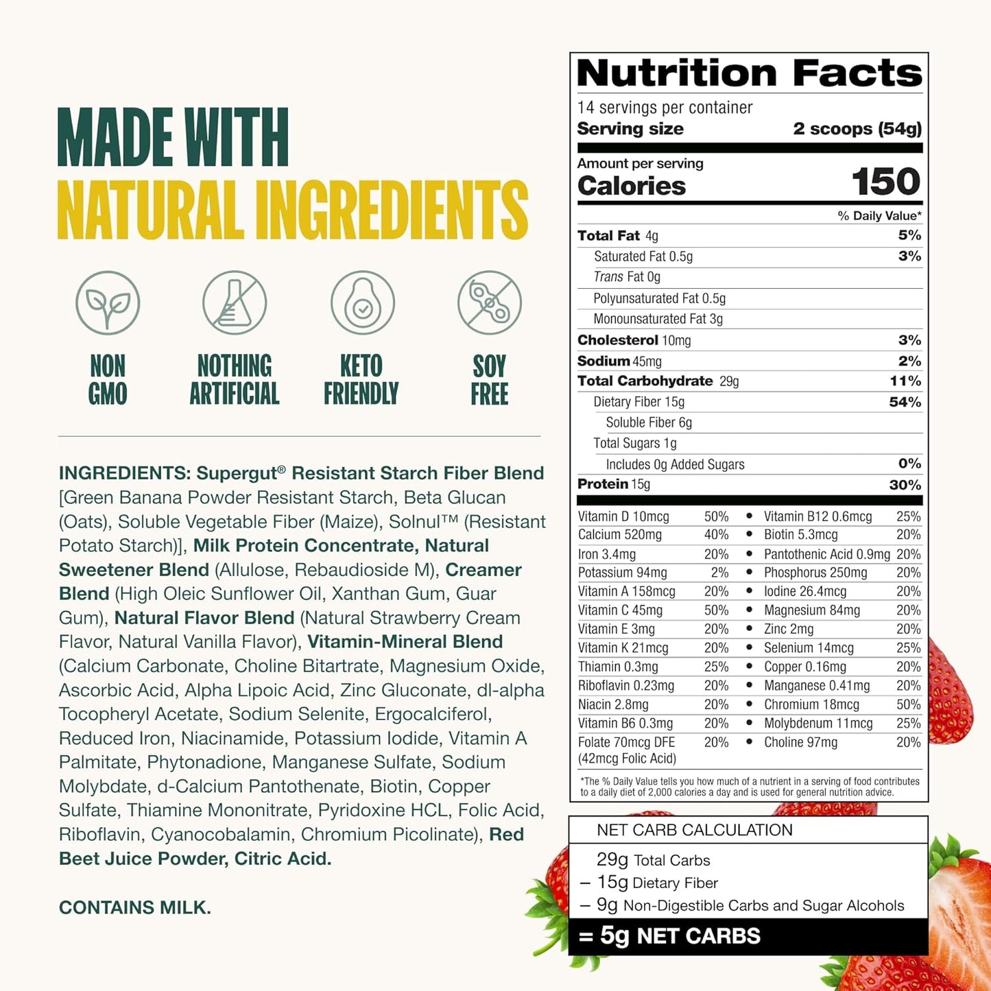 Supergut Prebiotic Shakes | Meal Replacement | Boost GLP-1 | High Protein and Fiber | No Added Sugar | Keto Food, Meal, Snack (Strawberry, 14 servings)