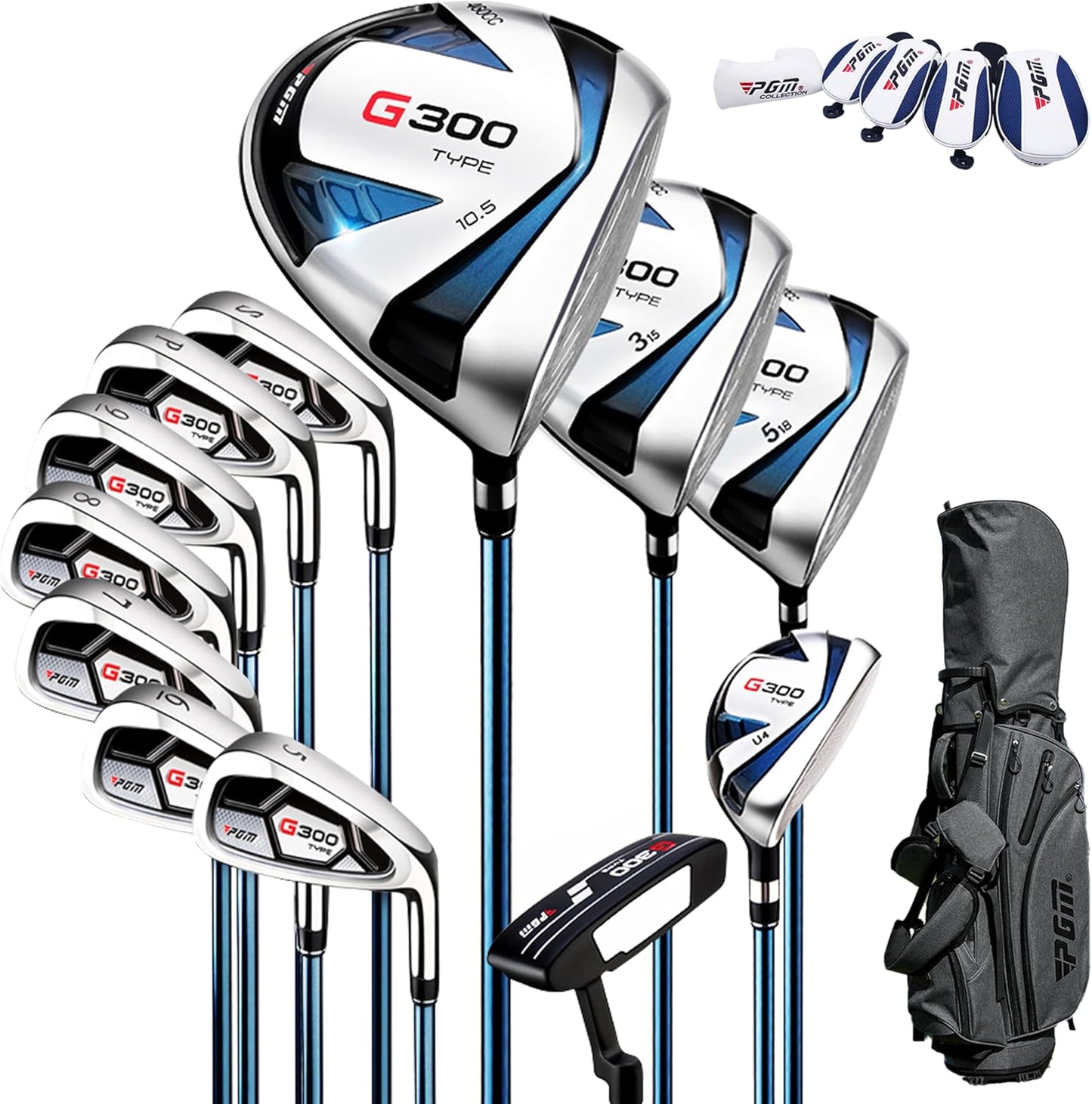 PGM Men's G Type Complete Golf Club Set - Titanium #1 Driver, Draw-Biased Hybrid, High-Strength Iron Set, High Forgiveness Putter, with Stand Bag
