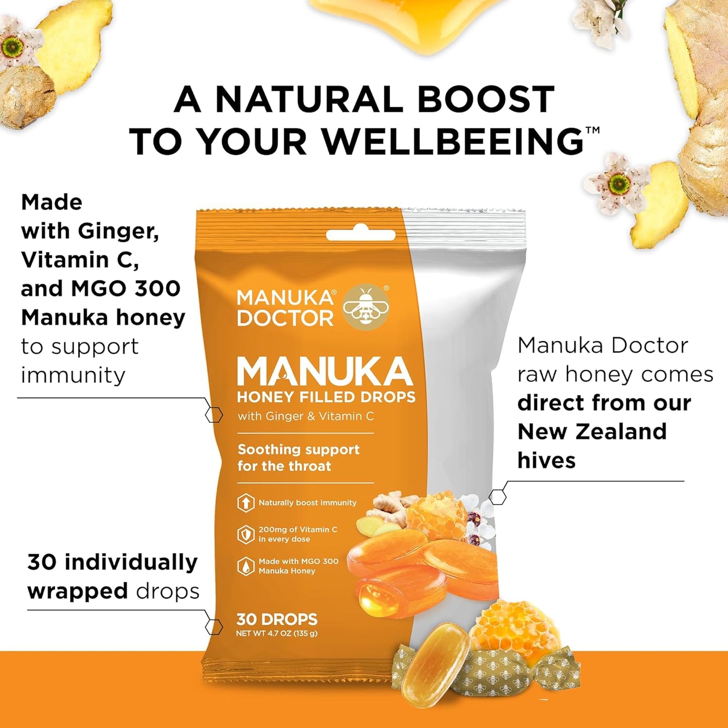 Manuka Doctor Cough Drops, Manuka Middles, 30 Drops (Pack of 1) Bag Throat Lozenges Infused with Raw Manuka Honey, Vitamin C & Ginger for Immune Support, Helps Soothe Sore Throat