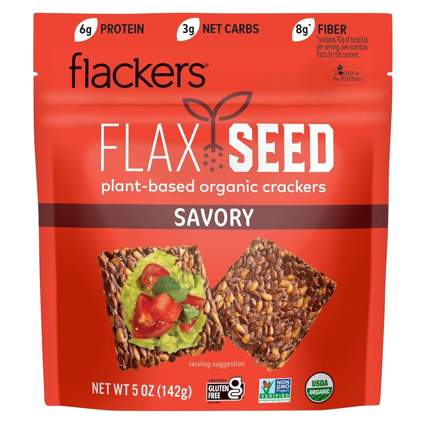 Flackers Organic Savory Flaxseed Crackers, 5 Ounce 6-Pack, Gluten Free, Non GMO, Vegan, Keto Snack, 8g Fiber, 3g Net Carbs