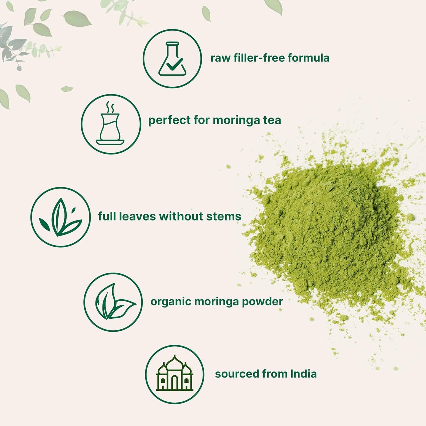 Organic Moringa Oleifera Leaf Powder, 1 Pound | Rich in Antioxidants & Immune Vitamins | Pure Leaves Without Stems | Great Superfoods for Tea or Drink | India Grown, Vegan