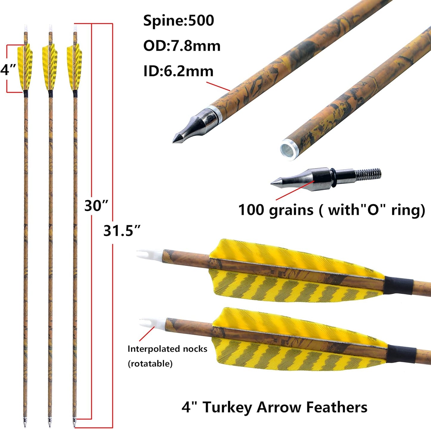 AMEYXGS Camo Carbon Arrow 30 Inch Practice Hunting Arrow Spine 500 with 4 Inch Turkey Feathers for Traditional Recurve Compound Bows