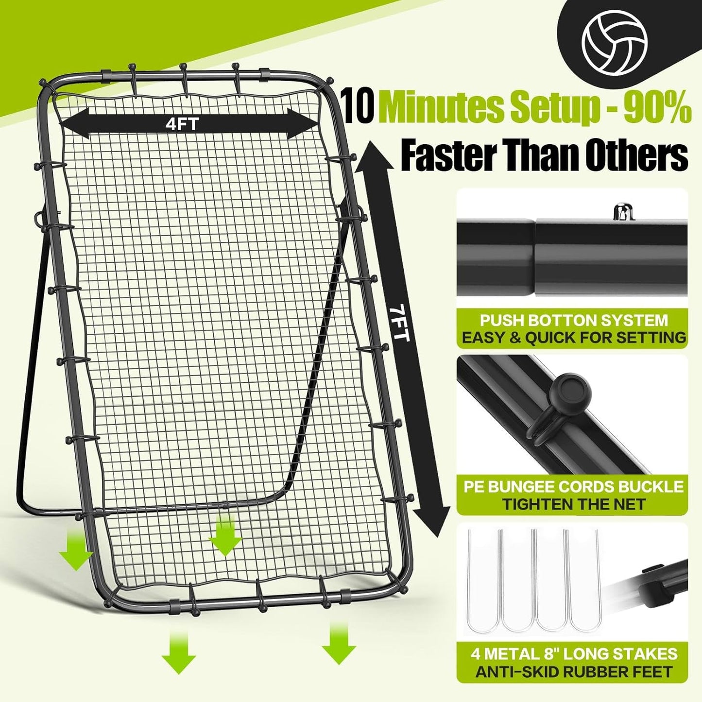 Volleyball Rebounder Net 7x4 Ft, 5-Angle Adjustable Rebounder Net for Practicing Digging, Setting, Spiking, Bounce Back Training Equipment with 2 Target Stripes & Portable Travel Bag for Storage