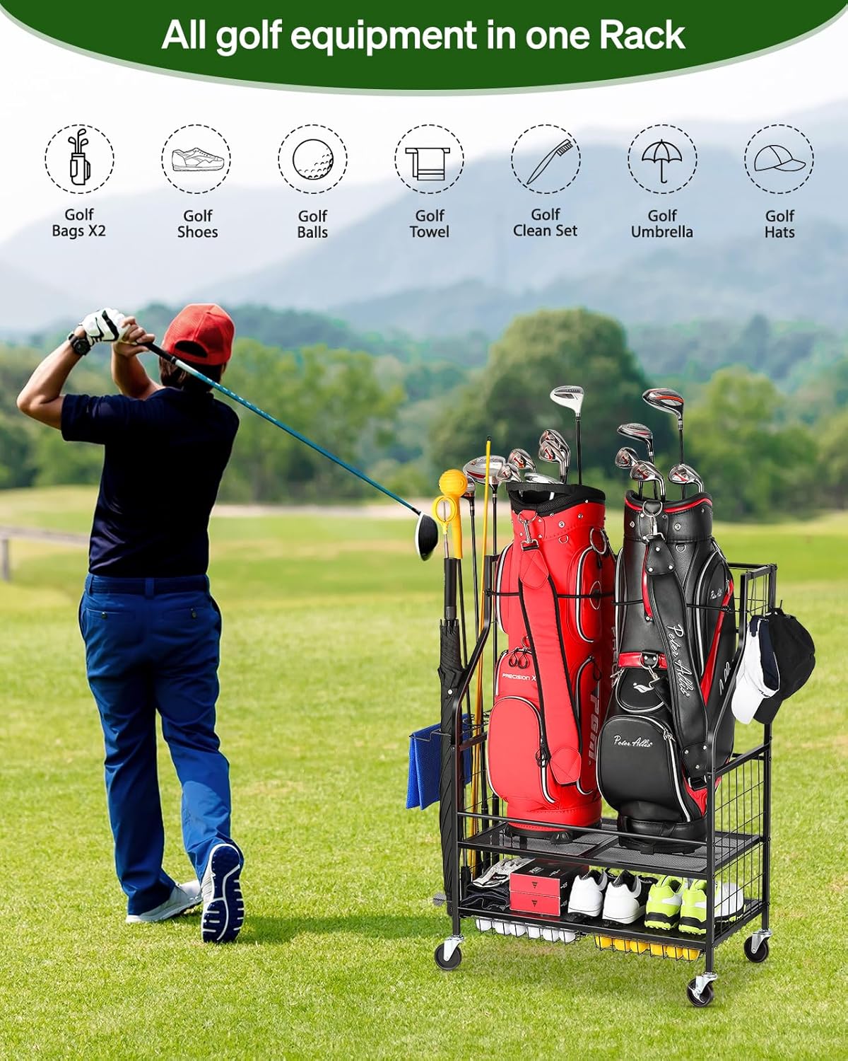 Golf Bag Storage Garage Organizer - Golf Bag Stand Fit for 2 Bag, Extra Clubs, Balls, Shoes, and Golf Equipment Accessories, Golf Storage Rack for Garage, Club, Shed