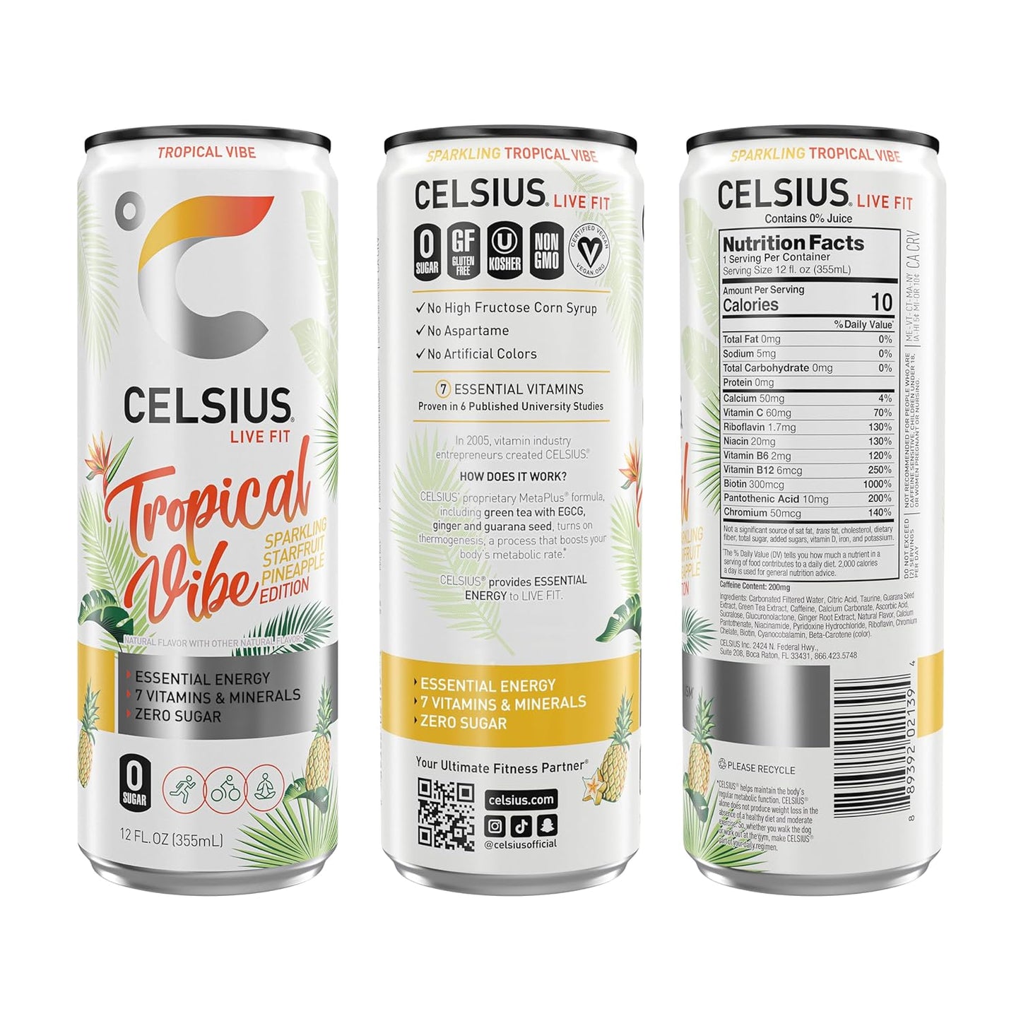 CELSIUS Sparkling Tropical Vibe, Functional Essential Energy Drink 12 Fl Oz (Pack of 12)
