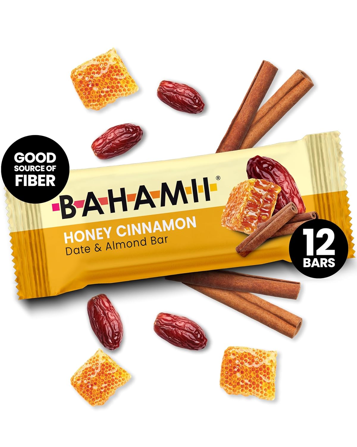 Bahamii - Almond & Date Bars (Honey Cinnamon) - Healthy Snack Bars with Dates - Non-GMO, Gluten-Free, Dairy-Free, Kosher, and No Sugar Added Fruit and Nut Bar - Simple Ingredient Snack (12-Pack)
