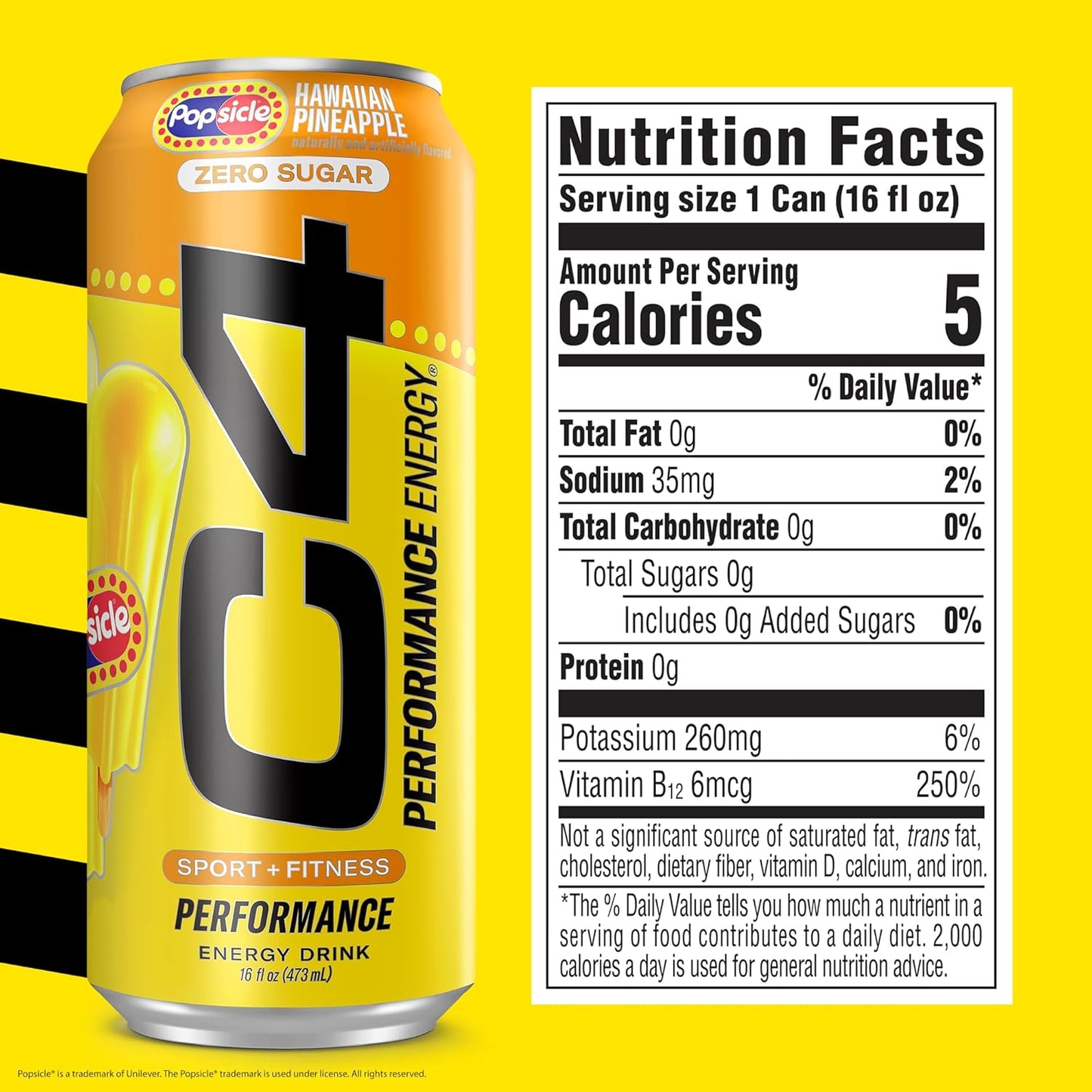 Cellucor C4 Energy Drink x Hawaiian Pineapple Popsicle, Carbonated Sugar Free Pre Workout Performance Drink with no Artificial Colors or Dyes, 16 Oz, Pack of 12