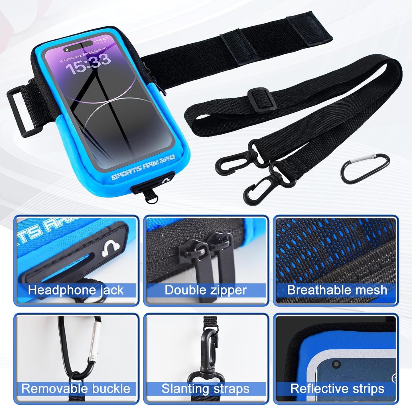 Phone Holder for Running, Running Armband Phone Holder with Carabiner, Phone Armbands for iPhone 16 15 14 13 12 11Pro Max & Galaxy S25/S24/S23, Cell Phone Armband Up to 6.8'' Phone (Blue)
