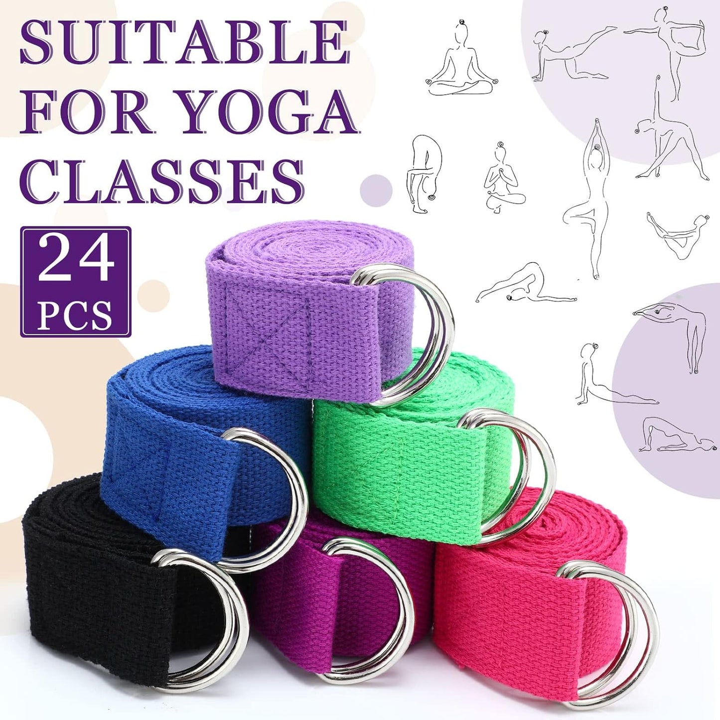 Leyndo 24 Pieces Yoga Strap Stretching Pilates Exercise Adjustable Straps 6 ft Non Elastic Yoga Belt with Adjustable D Ring Buckle for Pilates Gym Workouts Fitness