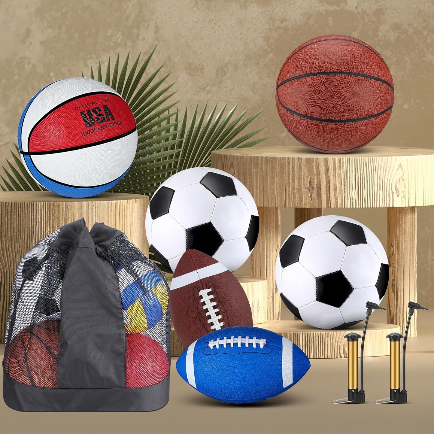 Sratte 6 Pcs Sports Balls Set for Kids Teens Adults Official Size Football Soccer Basketball with Pump Sports Equipment Bag for Youth Training Practice Gift Back to School