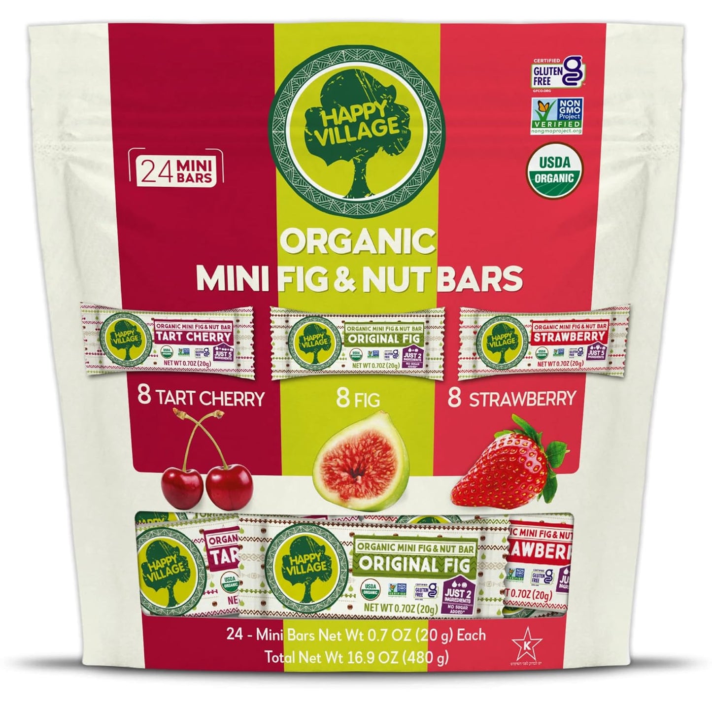 Happy Village Organic Mini Fig & Nut Bars, VARIETY (24 Packs, 0.7 OZ each), No Refined Sugar, Kosher, Non-GMO, Gluten Free, Vegan, Good Source of Fiber Snack Bars (8 Tart Cherry, 8 Fig, 8 Strawberry)