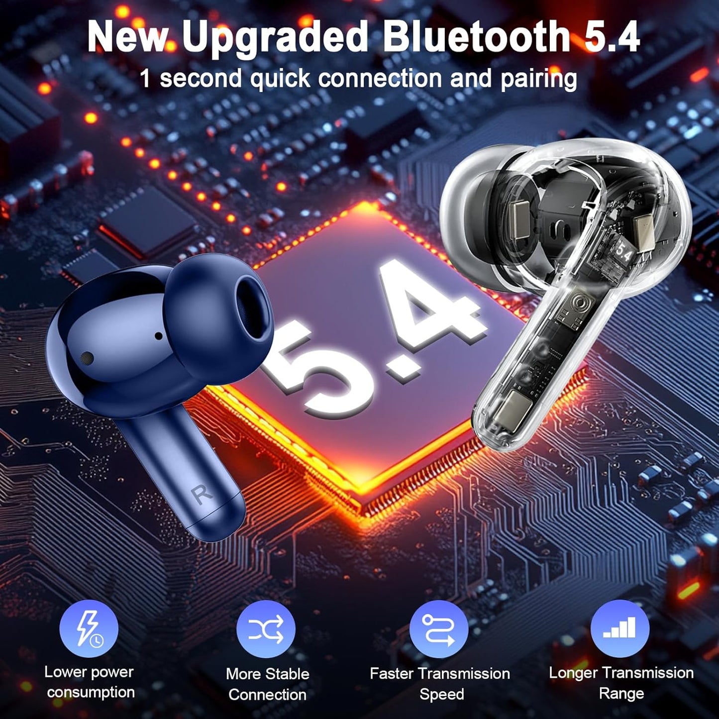 Wireless Earbuds, 2025 Bluetooth 5.4 Headphone 3D Stereo Bass Ear Bud, 4 ENC Noise Cancelling Mic, 40+Hrs USB-C in-Ear Earphone, IP-X7 Waterproof Headset Sport Workout Gym for Laptop Pad Android iOS