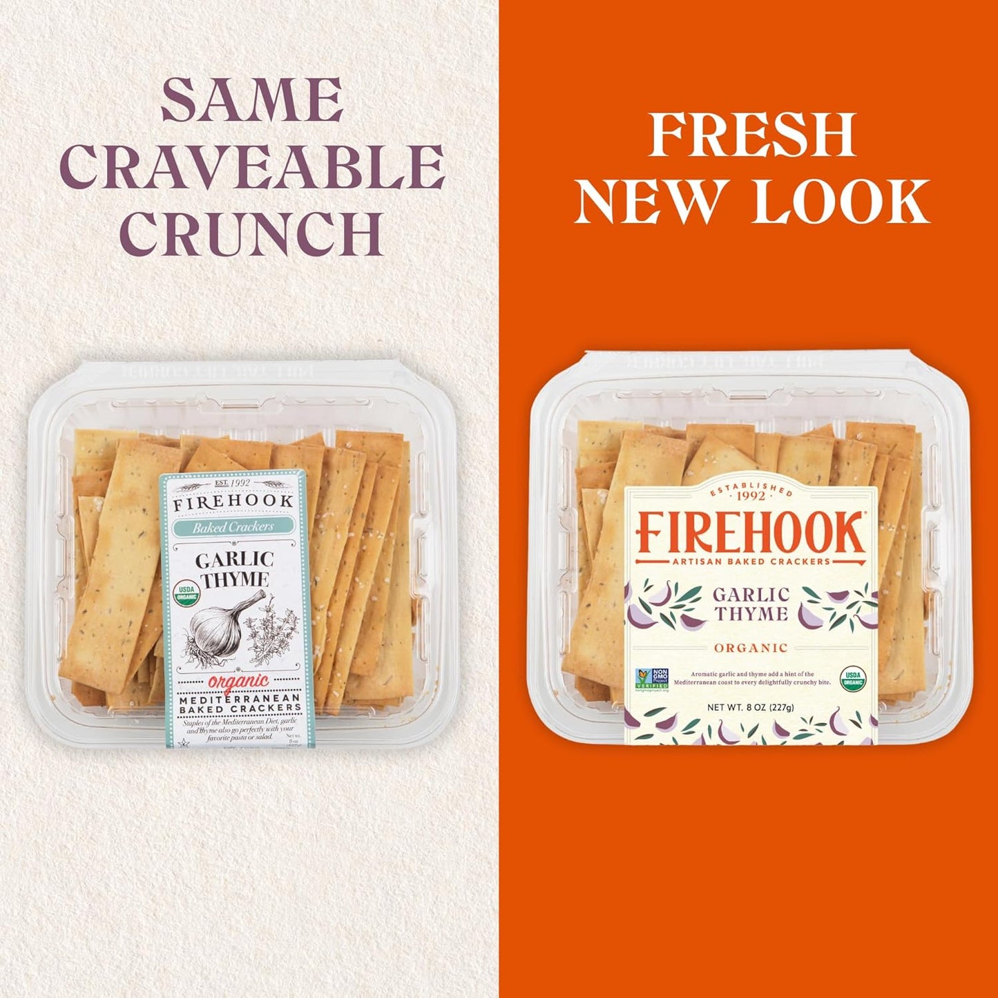 Firehook Garlic Thyme Crackers – Artisan Baked, Craveably Crunchy, Baked with Mediterranean Garlic & Thyme – Organic, Non-GMO, Kosher– 8 oz Box