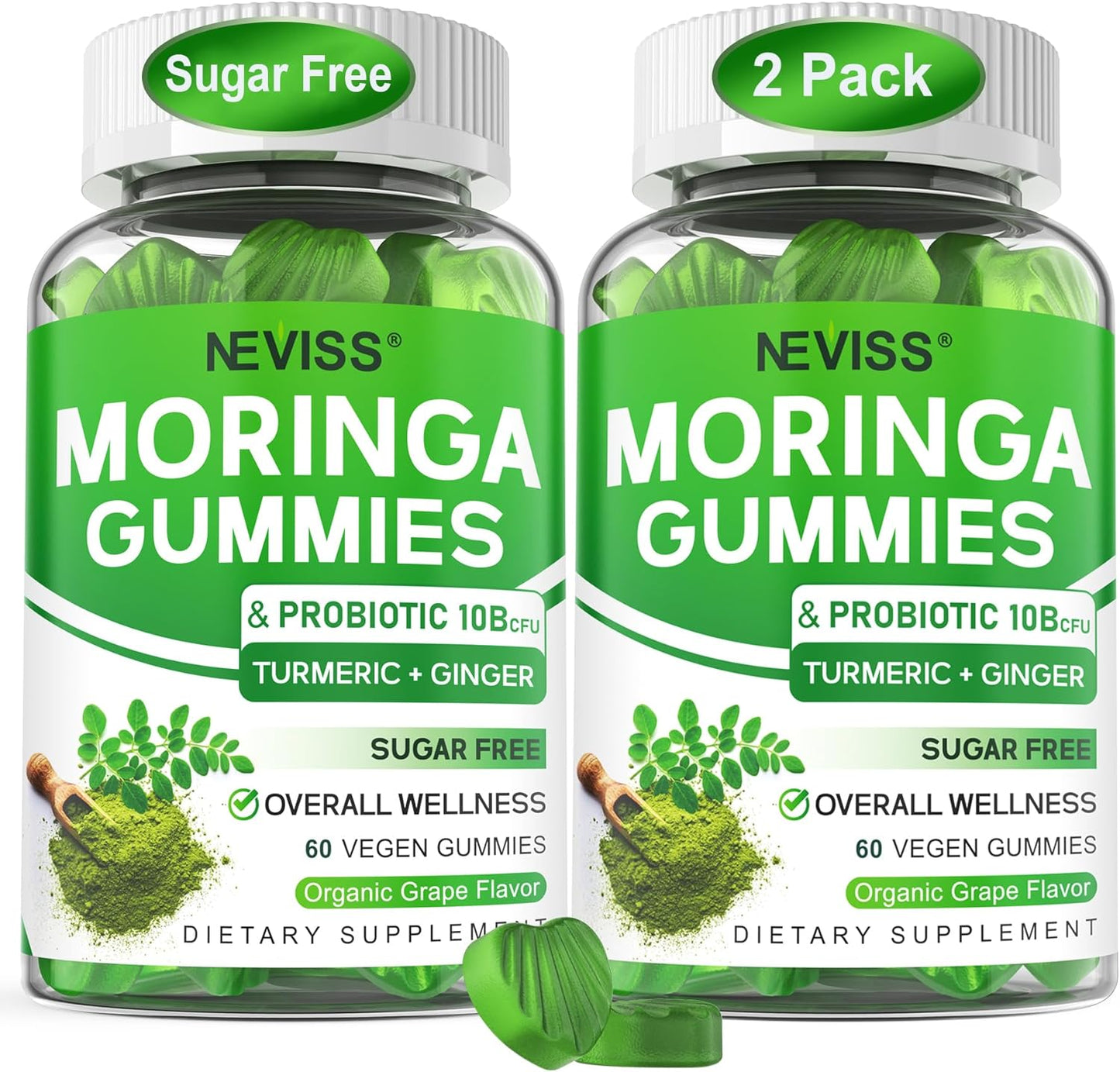 Sugar Free Moringa Gummies for Women Men with Probiotic Turmeric Ginger Ceylon Cinnamon, Chewable Organic Pure Moringa Leaf Supplement for Adults | Gut & Immune Support, Vegan, Grape Flavor, 120Cts
