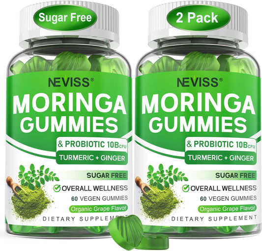 Sugar Free Moringa Gummies for Women Men with Probiotic Turmeric Ginger Ceylon Cinnamon, Chewable Organic Pure Moringa Leaf Supplement for Adults | Gut & Immune Support, Vegan, Grape Flavor, 120Cts