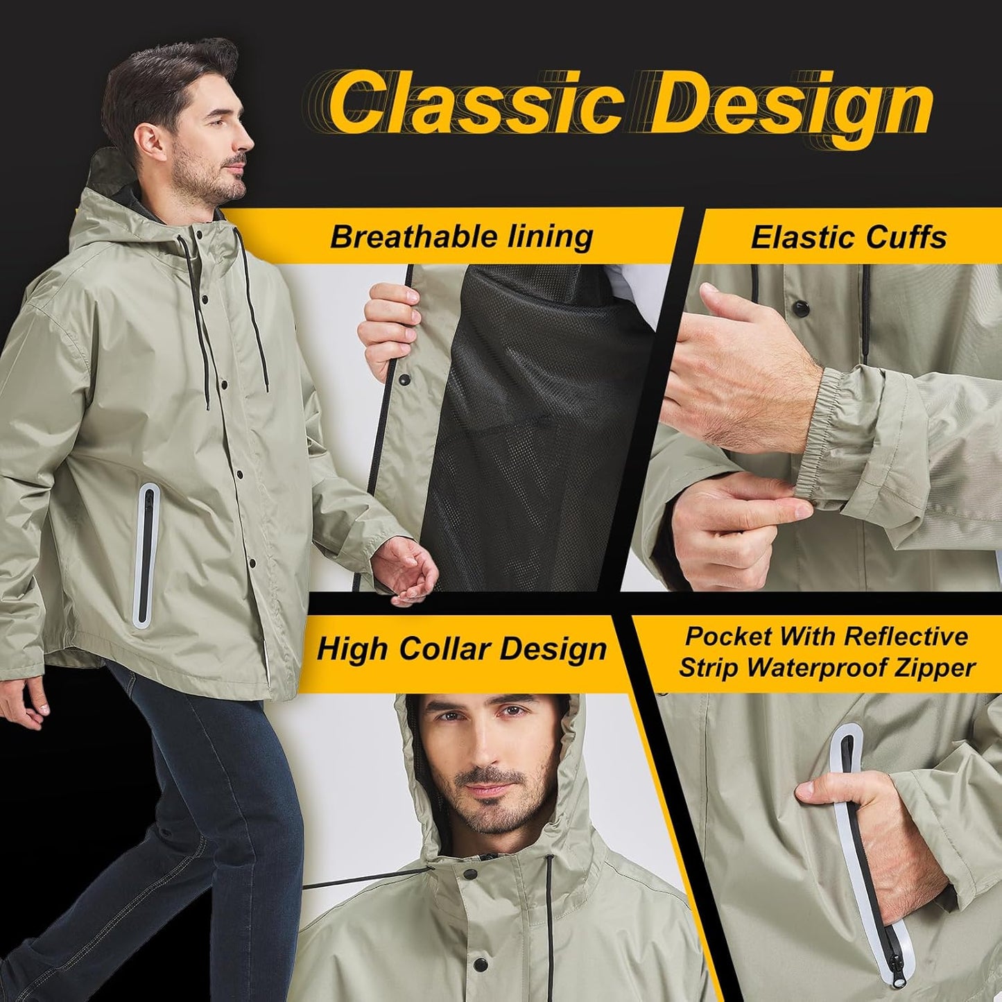Men's Packable Rain Jacket Waterproof Outdoor Classic Lightweight Raincoat Hooded Windbreaker